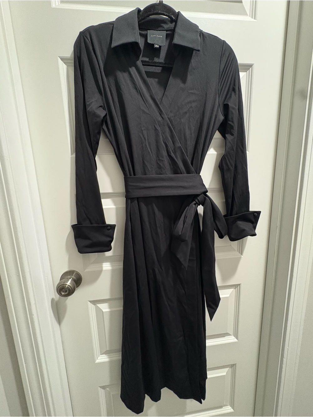 Alex Marie Black Long Sleeve Wrap Midi Dress with Self-Tie Waist